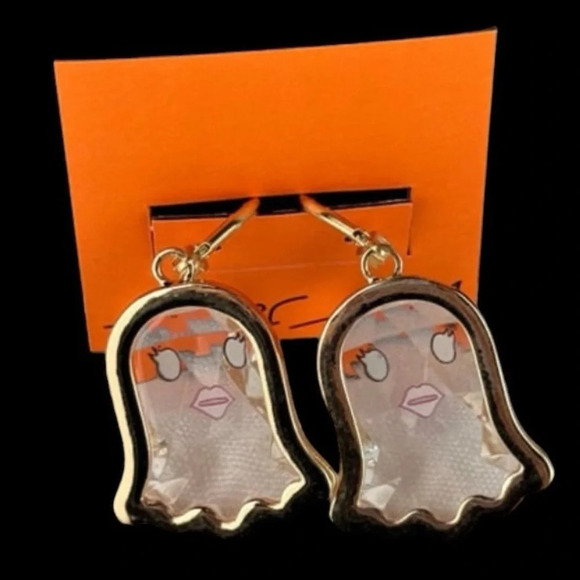 BETSEY JOHNSON Halloween Fun Clear Bevel-Cut Gold-Trimmed Ghost Earrings NEW NWT - Picture 2 of 5